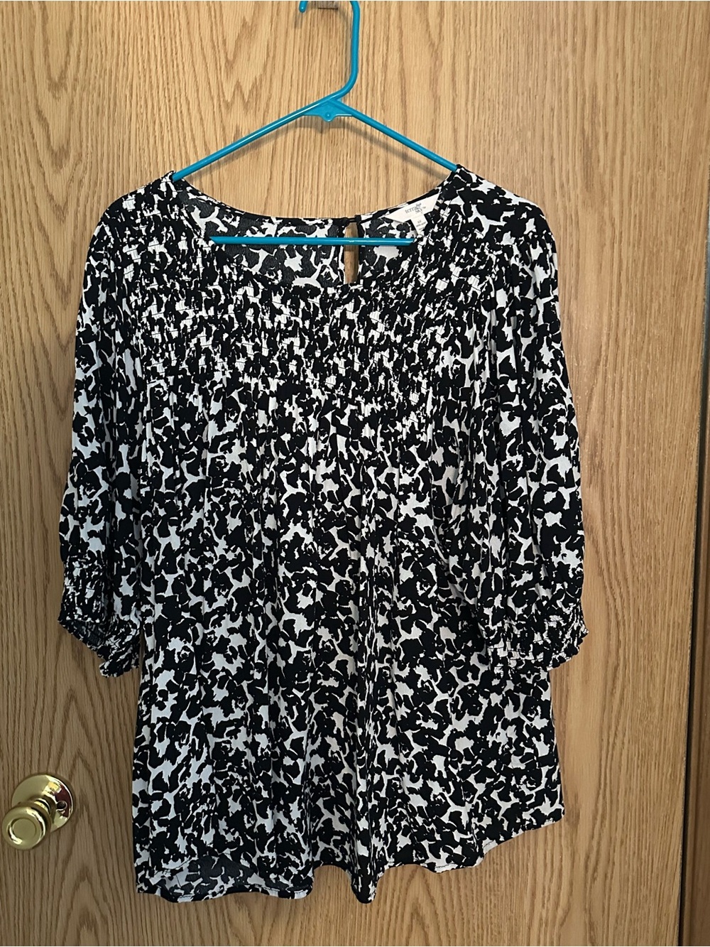 Terra & Sky Black and White Smocked Yoke Blouse